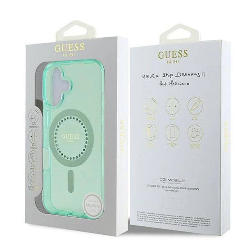 Θήκη MagSafe για Apple iPhone 16, Guess, IML Rhinestone, Πράσινη