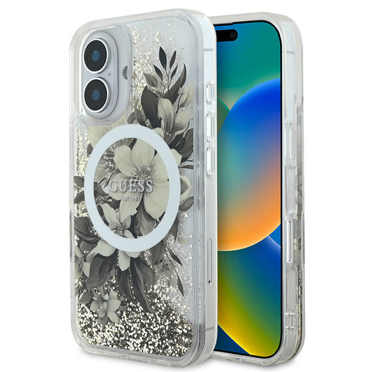 Θήκη MagSafe για Apple iPhone 16, Guess, Liquid Glitter Flower, Μπεζ