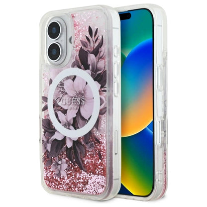 Θήκη MagSafe για Apple iPhone 16, Guess, Liquid Glitter Flower, Ροζ