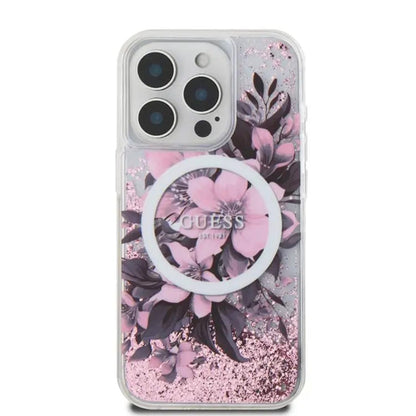 Θήκη MagSafe για Apple iPhone 16, Guess, Liquid Glitter Flower, Ροζ