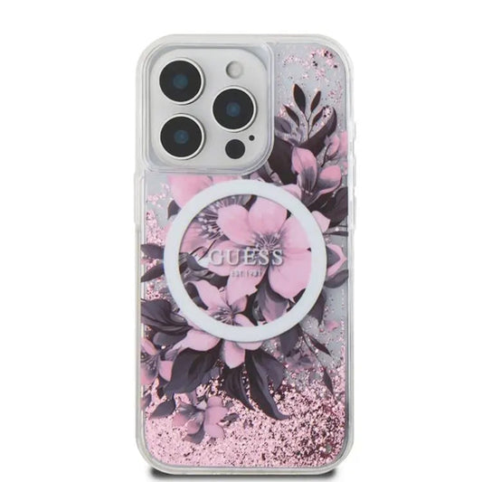 Θήκη MagSafe για Apple iPhone 16, Guess, Liquid Glitter Flower, Ροζ