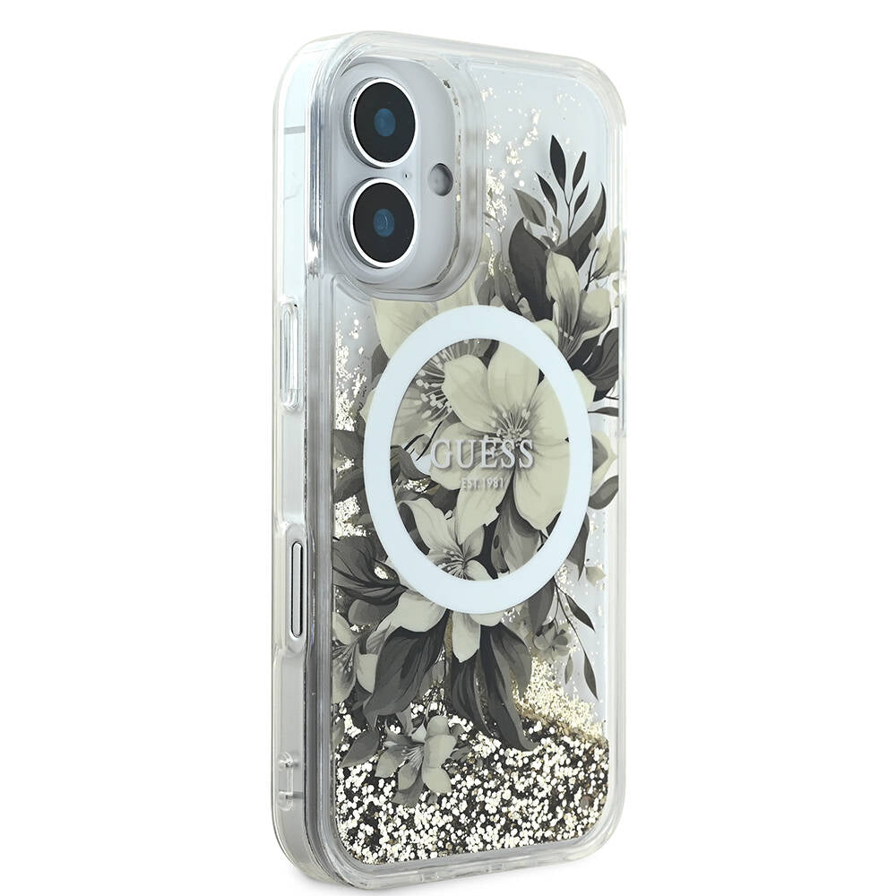 Θήκη MagSafe για Apple iPhone 16, Guess, Liquid Glitter Flower, Ροζ
