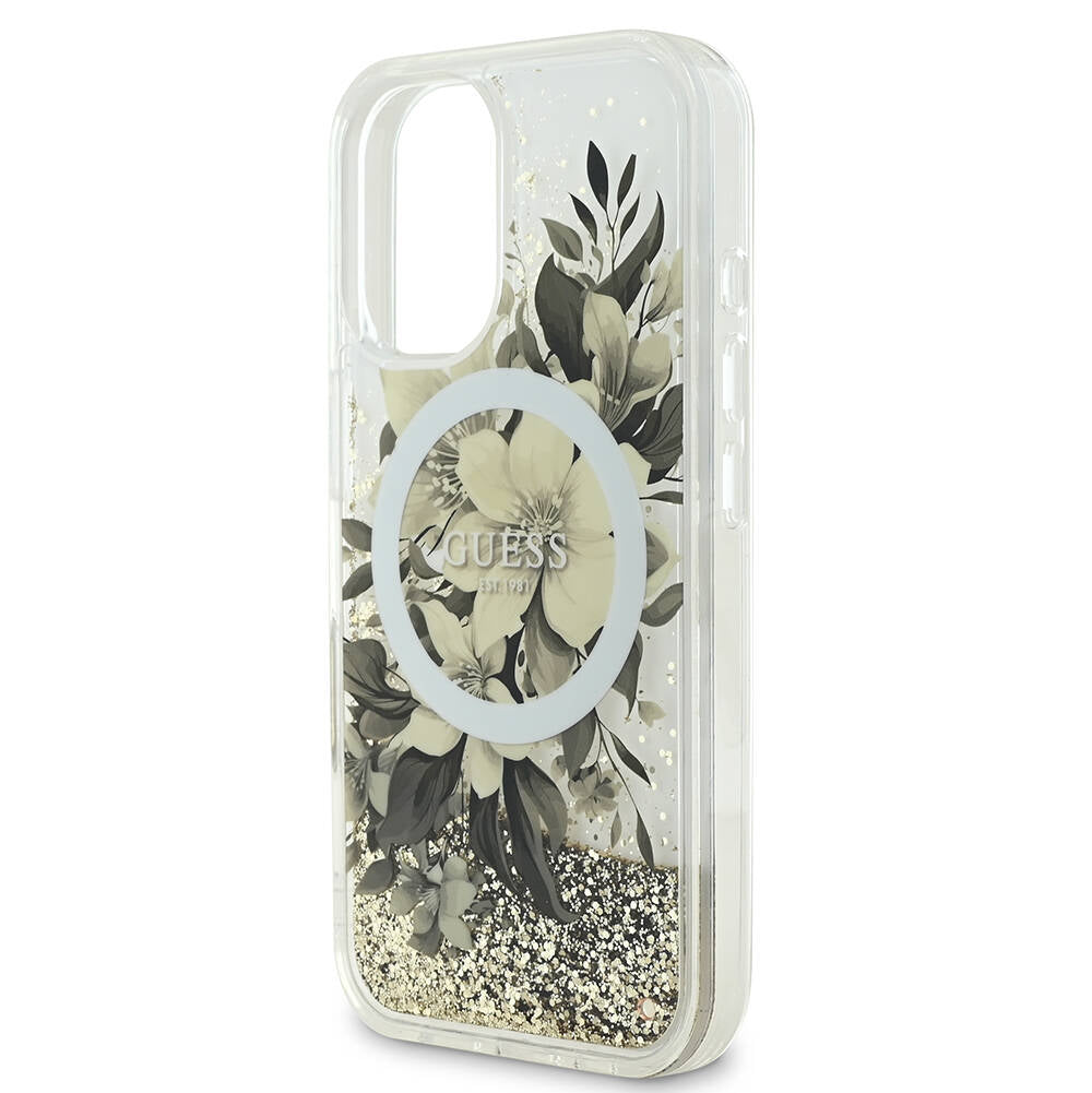 Θήκη MagSafe για Apple iPhone 16, Guess, Liquid Glitter Flower, Ροζ