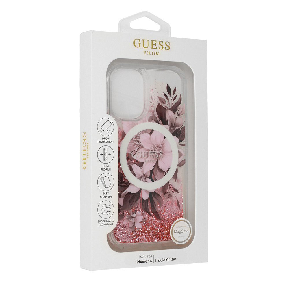 Θήκη MagSafe για Apple iPhone 16, Guess, Liquid Glitter Flower, Ροζ