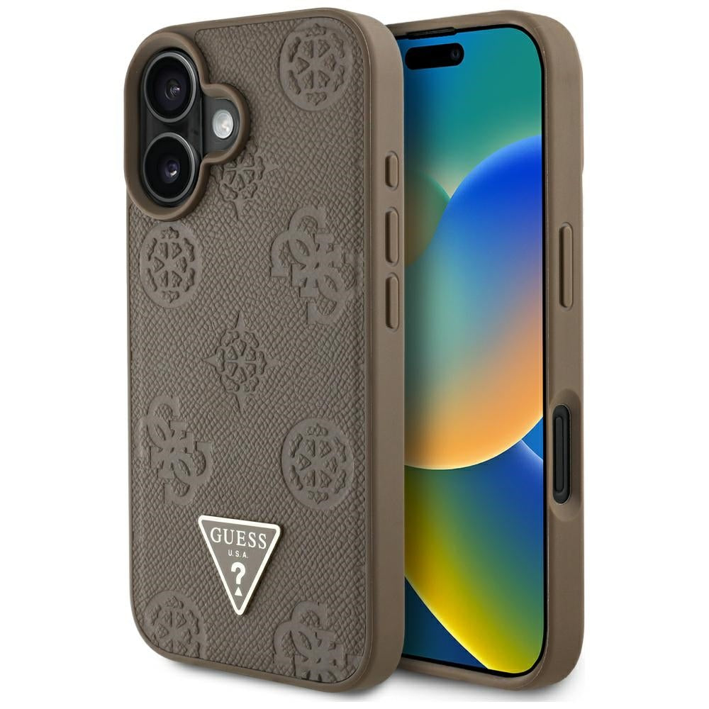 Θήκη MagSafe για Apple iPhone 16, Guess, Peony Grained Hot Stamp Triangle, Καφέ