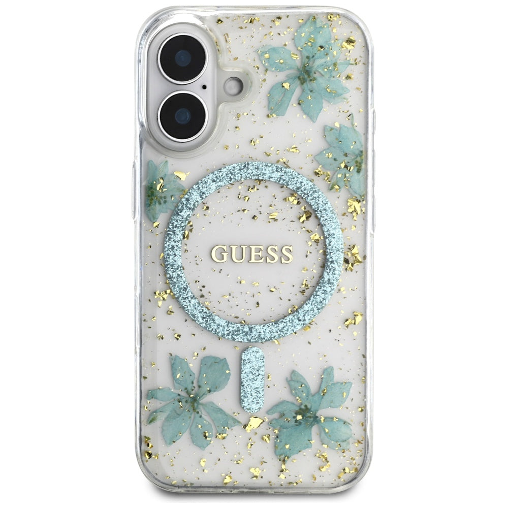 Θήκη MagSafe για Apple iPhone 16, Guess, Resin Flowers and Glitter, Τυρκουάζ
