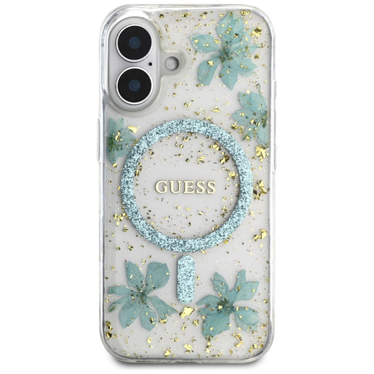 Θήκη MagSafe για Apple iPhone 16, Guess, Resin Flowers and Glitter, Τυρκουάζ