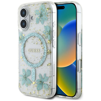 Θήκη MagSafe για Apple iPhone 16, Guess, Resin Flowers and Glitter, Τυρκουάζ