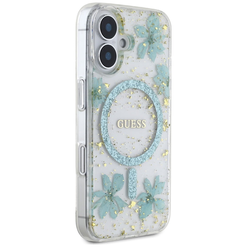 Θήκη MagSafe για Apple iPhone 16, Guess, Resin Flowers and Glitter, Τυρκουάζ
