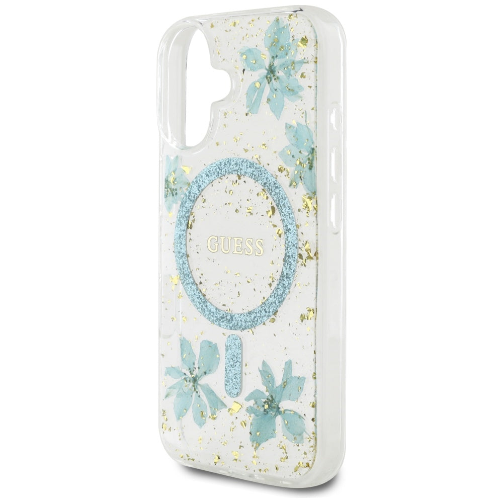 Θήκη MagSafe για Apple iPhone 16, Guess, Resin Flowers and Glitter, Τυρκουάζ