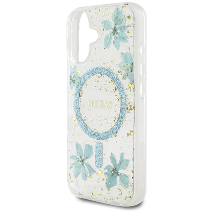 Θήκη MagSafe για Apple iPhone 16, Guess, Resin Flowers and Glitter, Τυρκουάζ