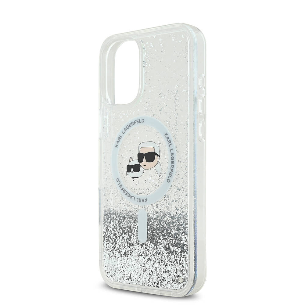 Θήκη MagSafe για Apple iPhone 16, Karl Lagerfeld, Glitter Liquid Karl & Choupette's Heads, Διάφανη