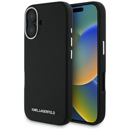 MagSafe Case for Apple iPhone 16, Karl Lagerfeld, Saffiano Full Wrapped Elongated Metal Logo, Black