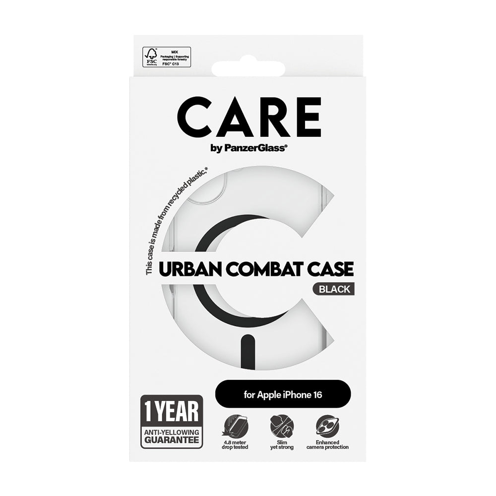MagSafe Case for Apple iPhone 16, PanzerGlass, Urban Combat Care, Black Transparent