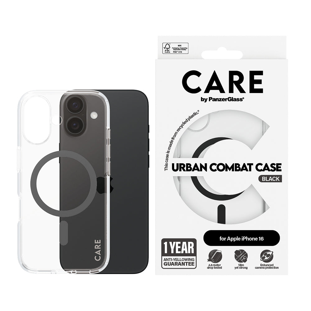 MagSafe Case for Apple iPhone 16, PanzerGlass, Urban Combat Care, Black Transparent