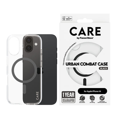 MagSafe Case for Apple iPhone 16, PanzerGlass, Urban Combat Care, Black Transparent