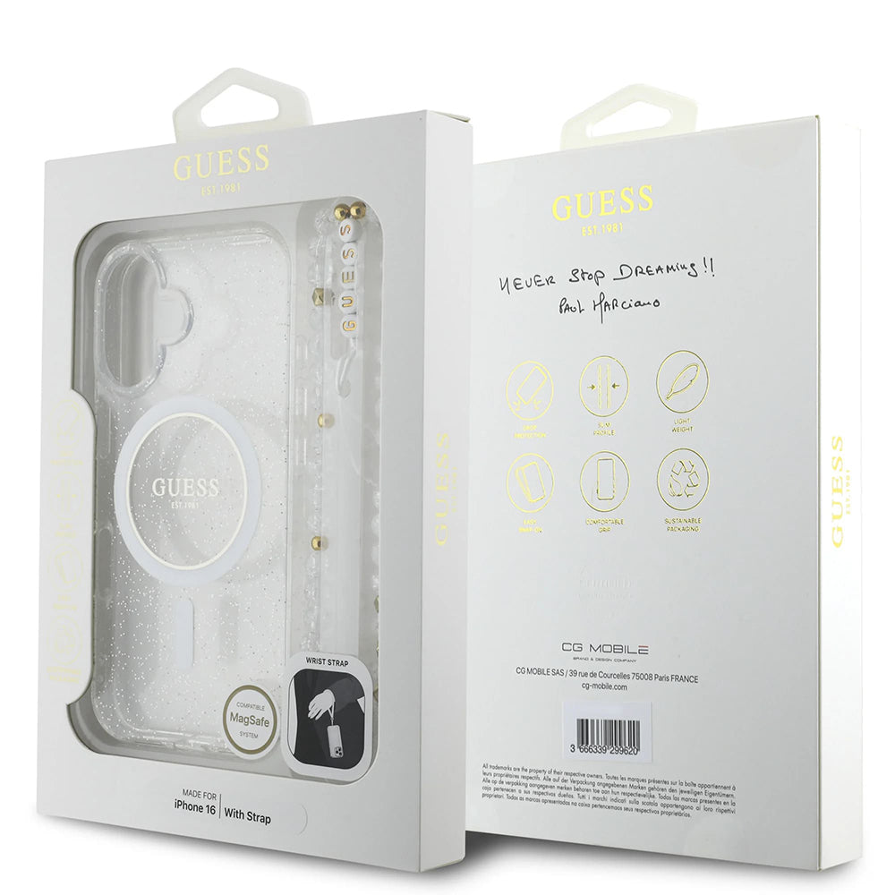 MagSafe Case for Apple iPhone 16 Plus, Guess, IML Glitter with Pearl Strap, Transparent