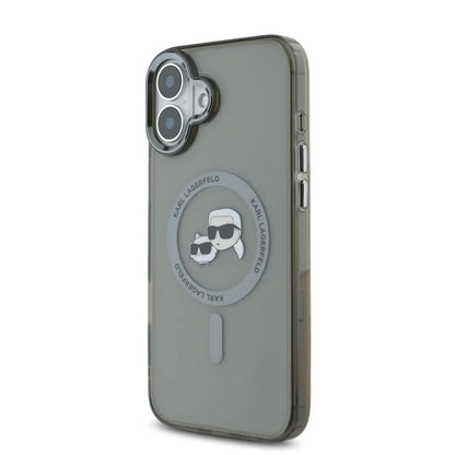 MagSafe Case for Apple iPhone 16 Plus, Karl Lagerfeld, IML Metal Karl & Choupette's Heads, Black