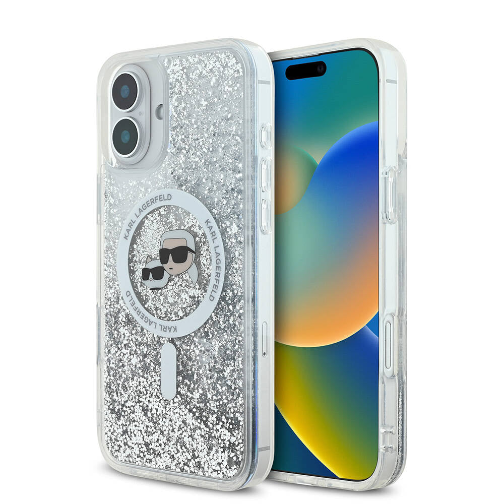 Θήκη MagSafe για Apple iPhone 16 Plus, Karl Lagerfeld, Liquid Glitter Karl & Choupette's Heads, Διάφανη