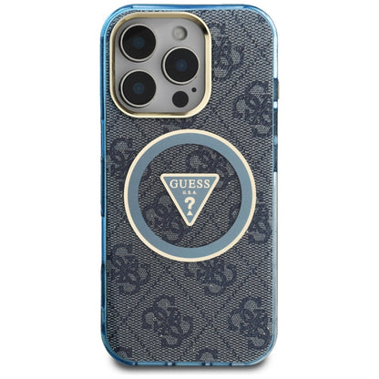 MagSafe Case for Apple iPhone 16 Pro, Guess, IML Glitter 4G Circle Triangle, Blue