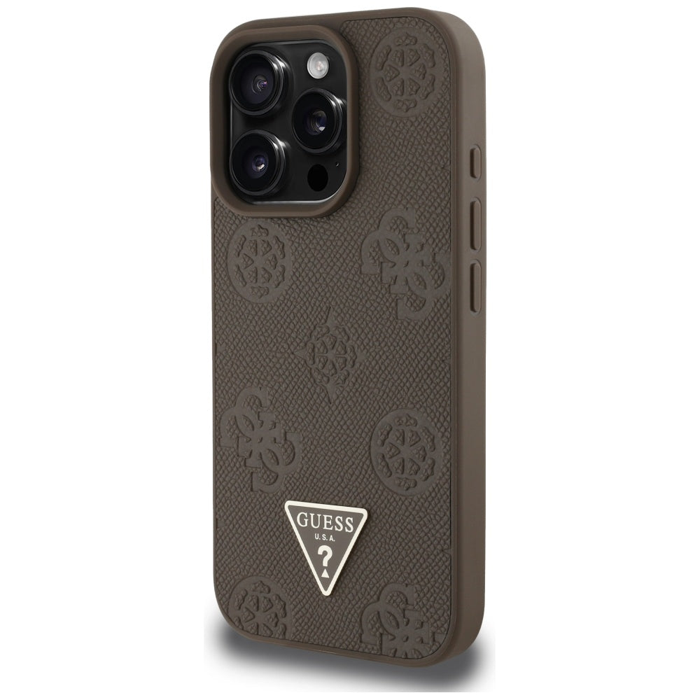 MagSafe Case for Apple iPhone 16 Pro, Guess, Peony Grained Hot Stamp Triangle, Brown