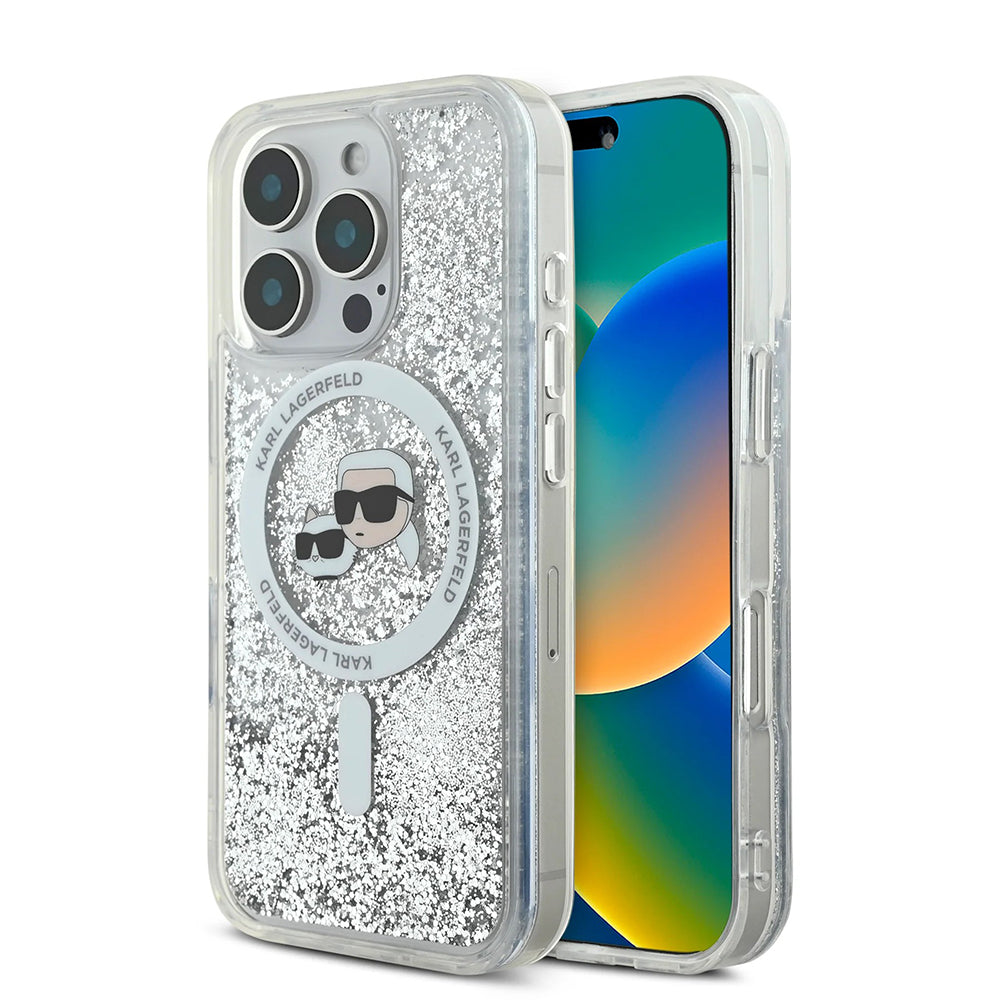 Θήκη MagSafe για Apple iPhone 16 Pro, Karl Lagerfeld, Liquid Glitter Karl & Choupette's Heads, Διαφανής