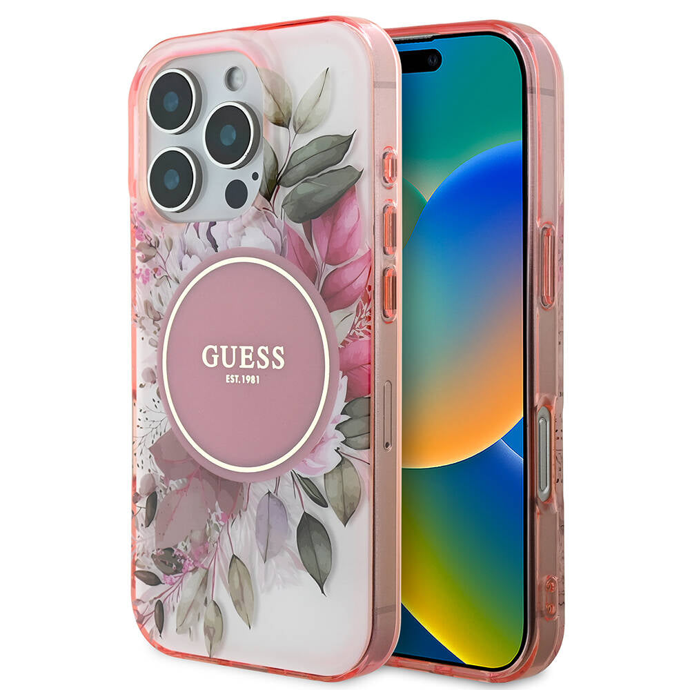 Θήκη MagSafe για Apple iPhone 16 Pro Max, Guess, IML Flower & Tonal Circle, Ροζ
