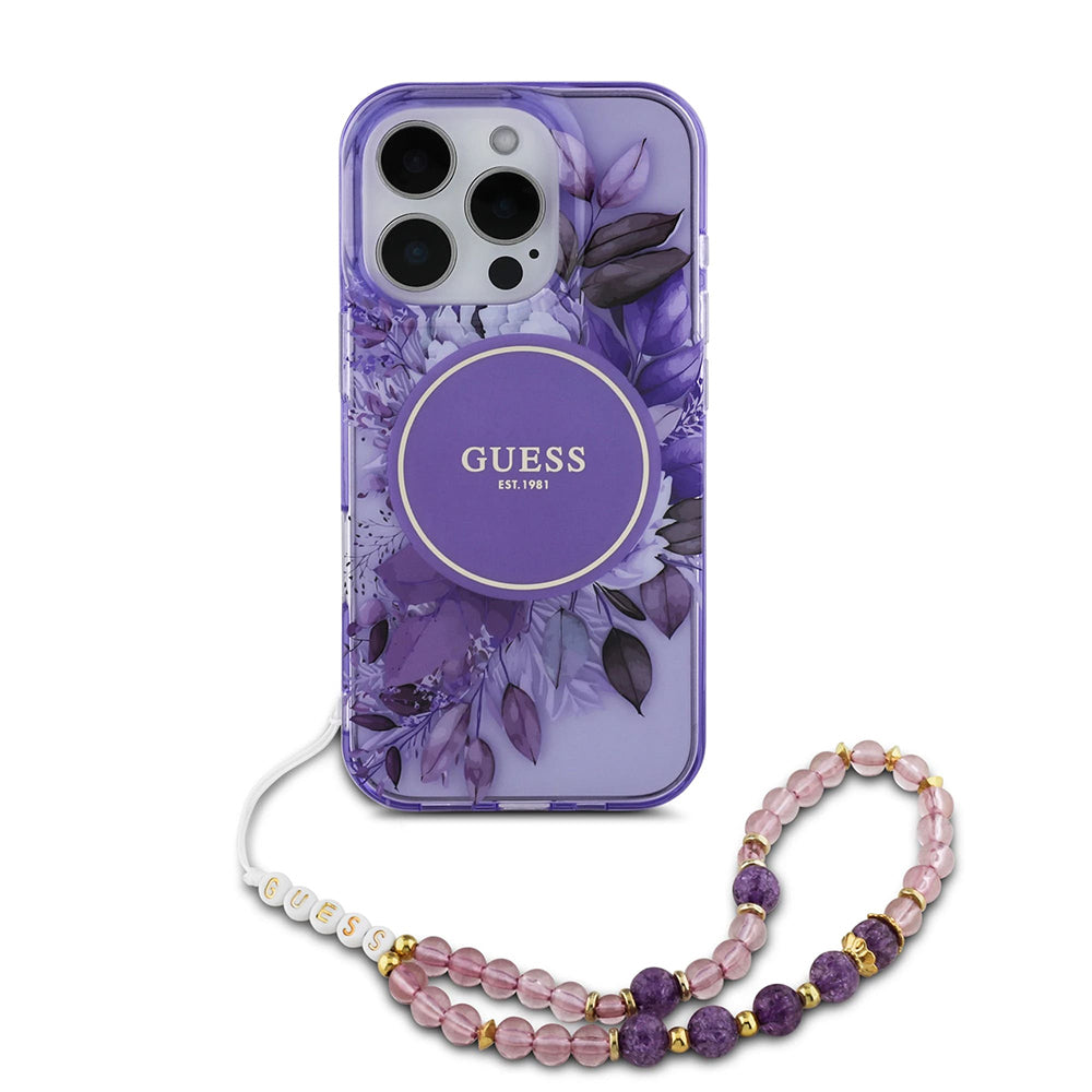 Θήκη MagSafe για Apple iPhone 16 Pro Max, Guess, IML Flowers with Pearl Strap, Μοβ