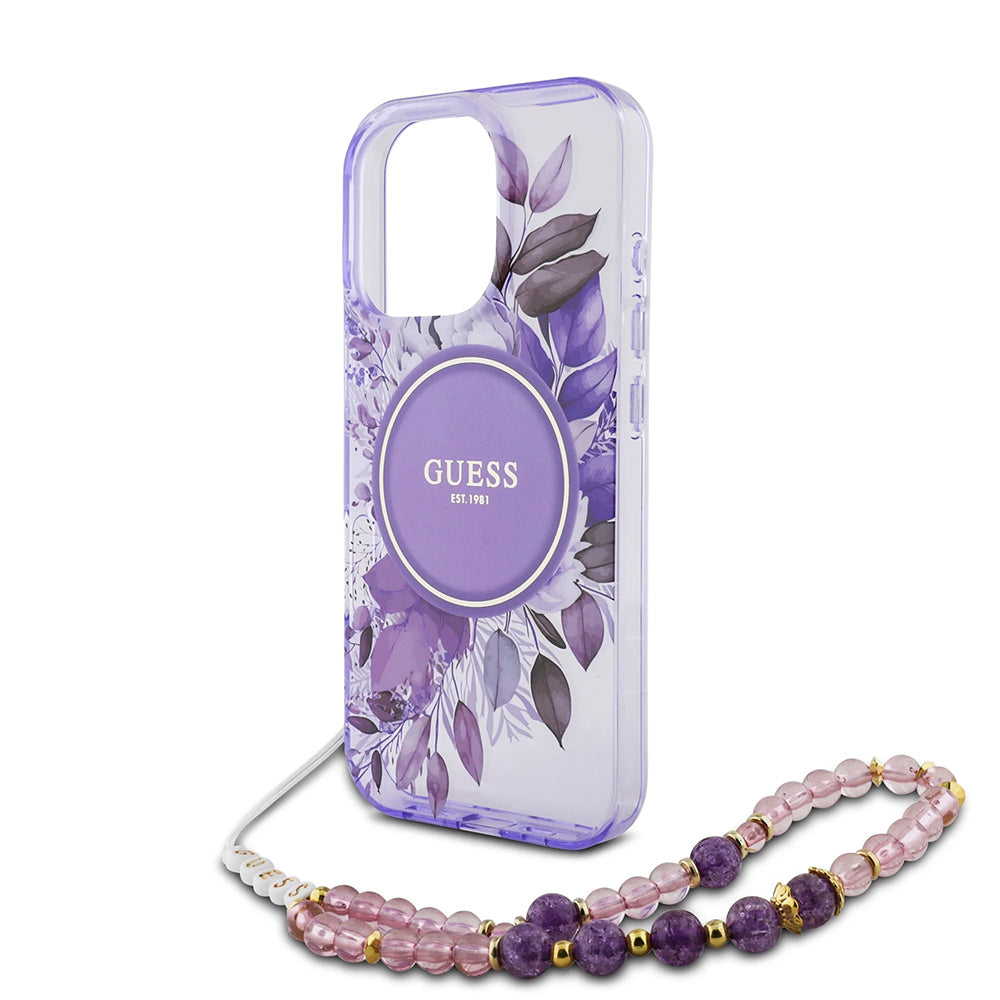 Θήκη MagSafe για Apple iPhone 16 Pro Max, Guess, IML Flowers with Pearl Strap, Μοβ