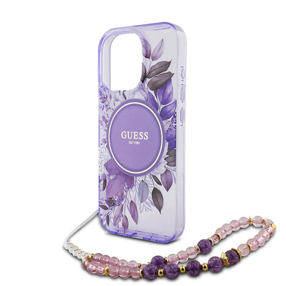 Θήκη MagSafe για Apple iPhone 16 Pro Max, Guess, IML Flowers with Pearl Strap, Μοβ