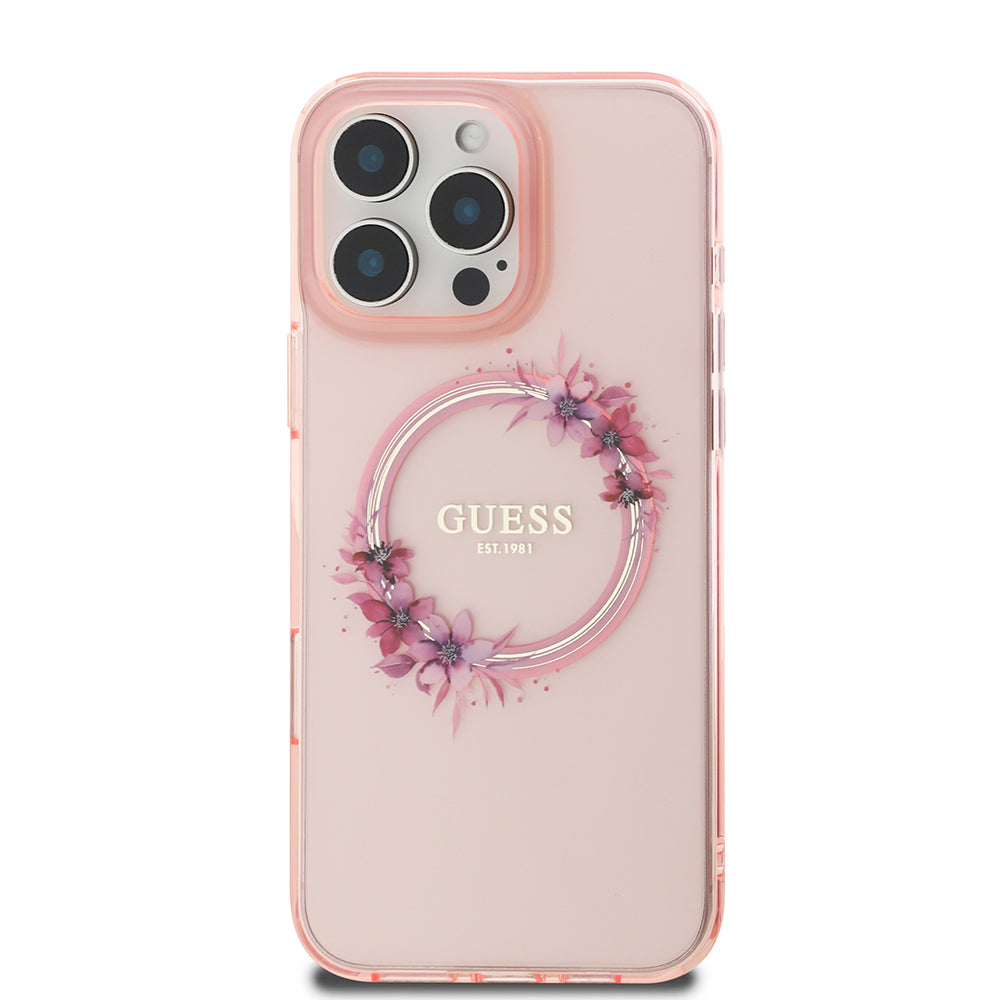 Θήκη MagSafe για Apple iPhone 16 Pro Max, Guess, IML Flowers Wreath, Ροζ