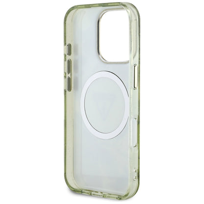 MagSafe Case for Apple iPhone 16 Pro Max, Guess, IML Metal Glitter Flowers Triangle, Green