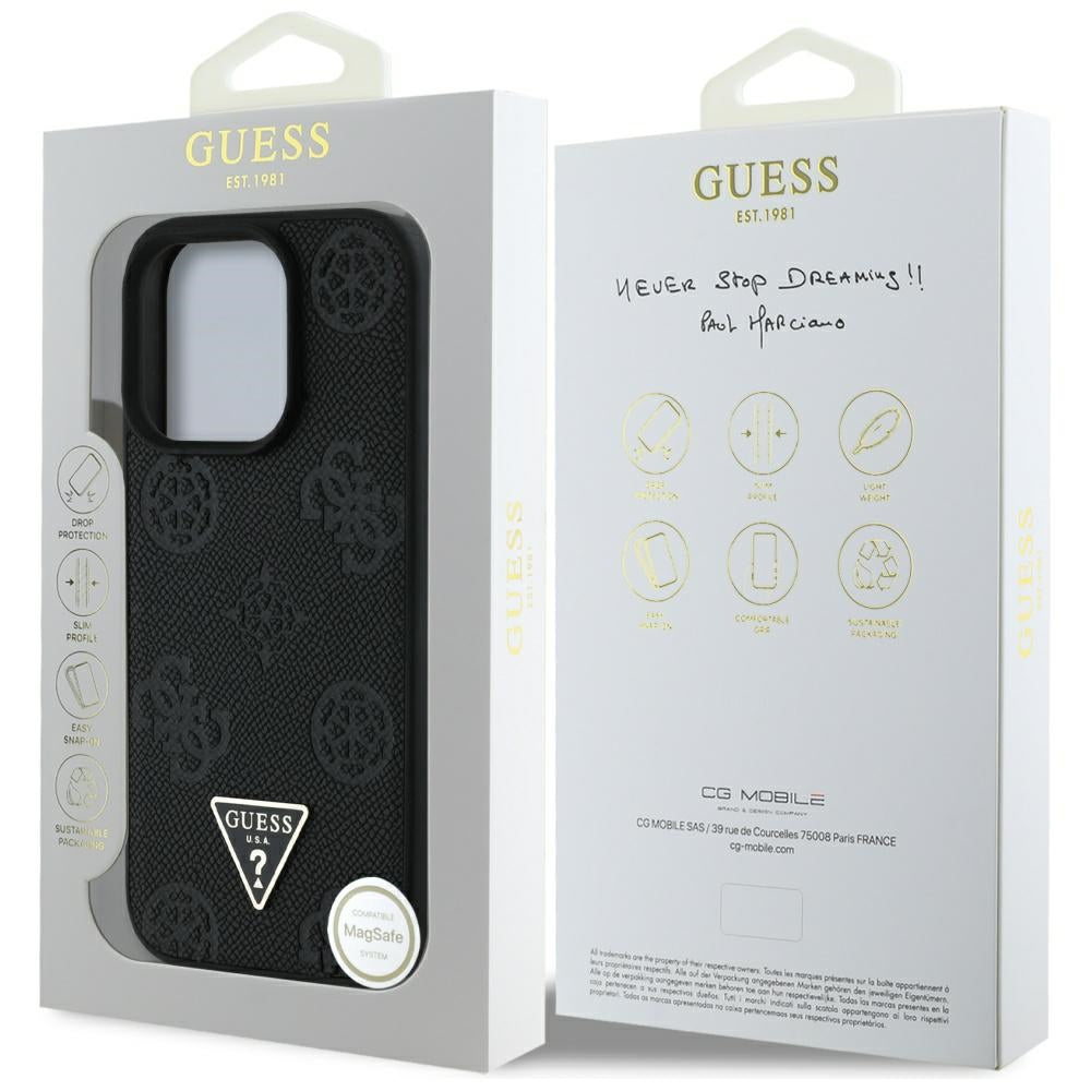 MagSafe Case for Apple iPhone 16 Pro Max, Guess, Peony Grained Hot Stamp Triangle, Black