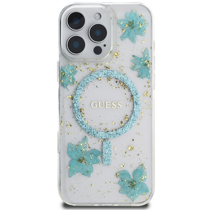 MagSafe Case for Apple iPhone 16 Pro Max, Guess, Resin Flowers and Glitter, Turquoise