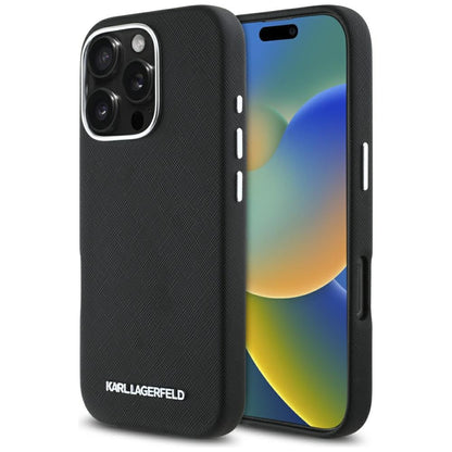 Θήκη MagSafe για Apple iPhone 16 Pro Max, Karl Lagerfeld, Saffiano Full Wrapped Elongated Metal Logo, Μαύρη