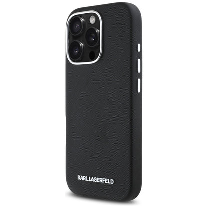 Θήκη MagSafe για Apple iPhone 16 Pro Max, Karl Lagerfeld, Saffiano Full Wrapped Elongated Metal Logo, Μαύρη