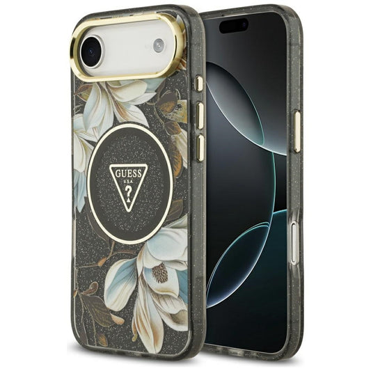 MagSafe Case for Apple iPhone 17 Air, Guess, IML Metal Glitter Flowers Triangle, Black