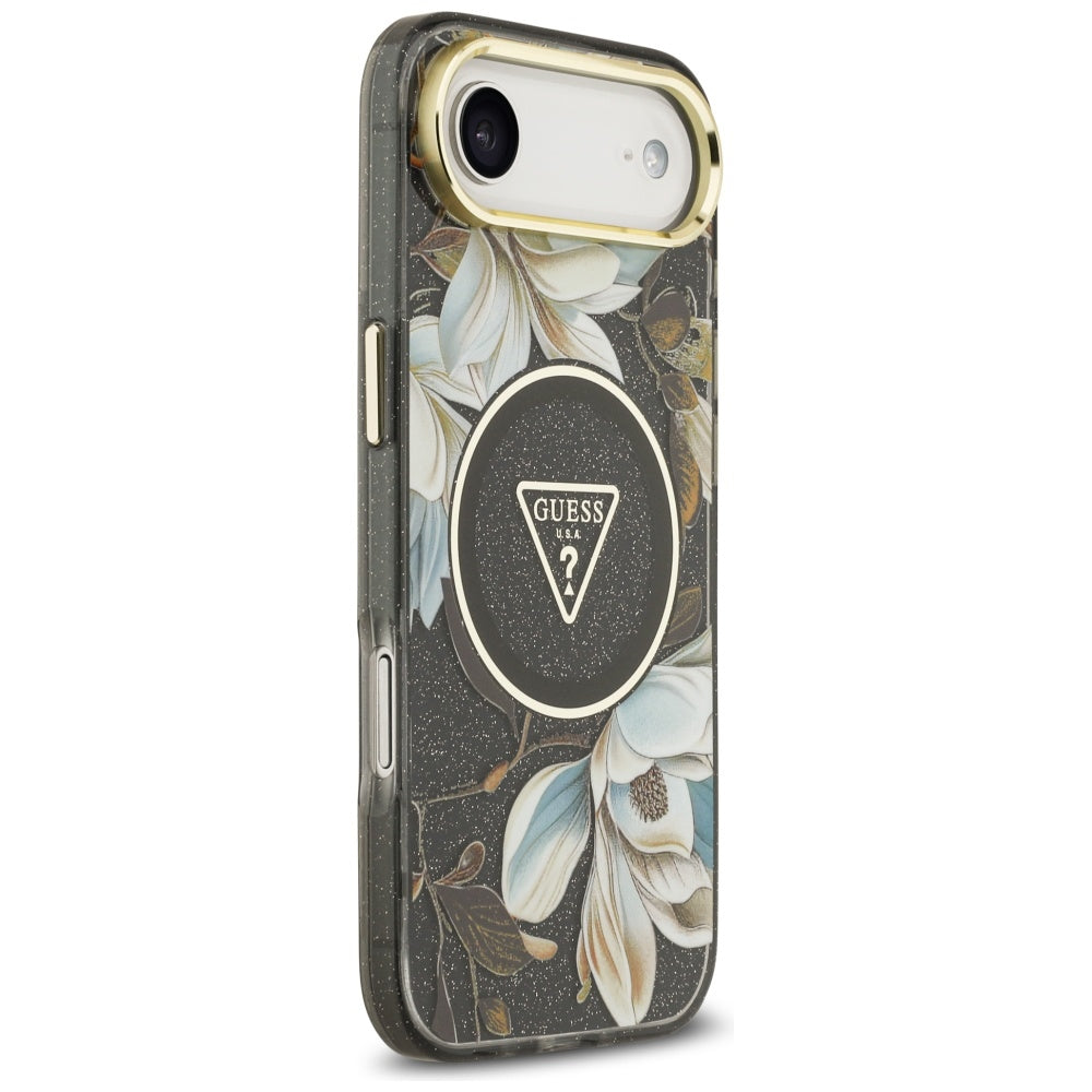 MagSafe Case for Apple iPhone 17 Air, Guess, IML Metal Glitter Flowers Triangle, Black