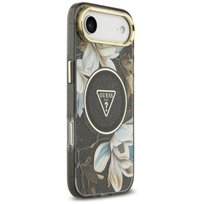 MagSafe Case for Apple iPhone 17 Air, Guess, IML Metal Glitter Flowers Triangle, Black