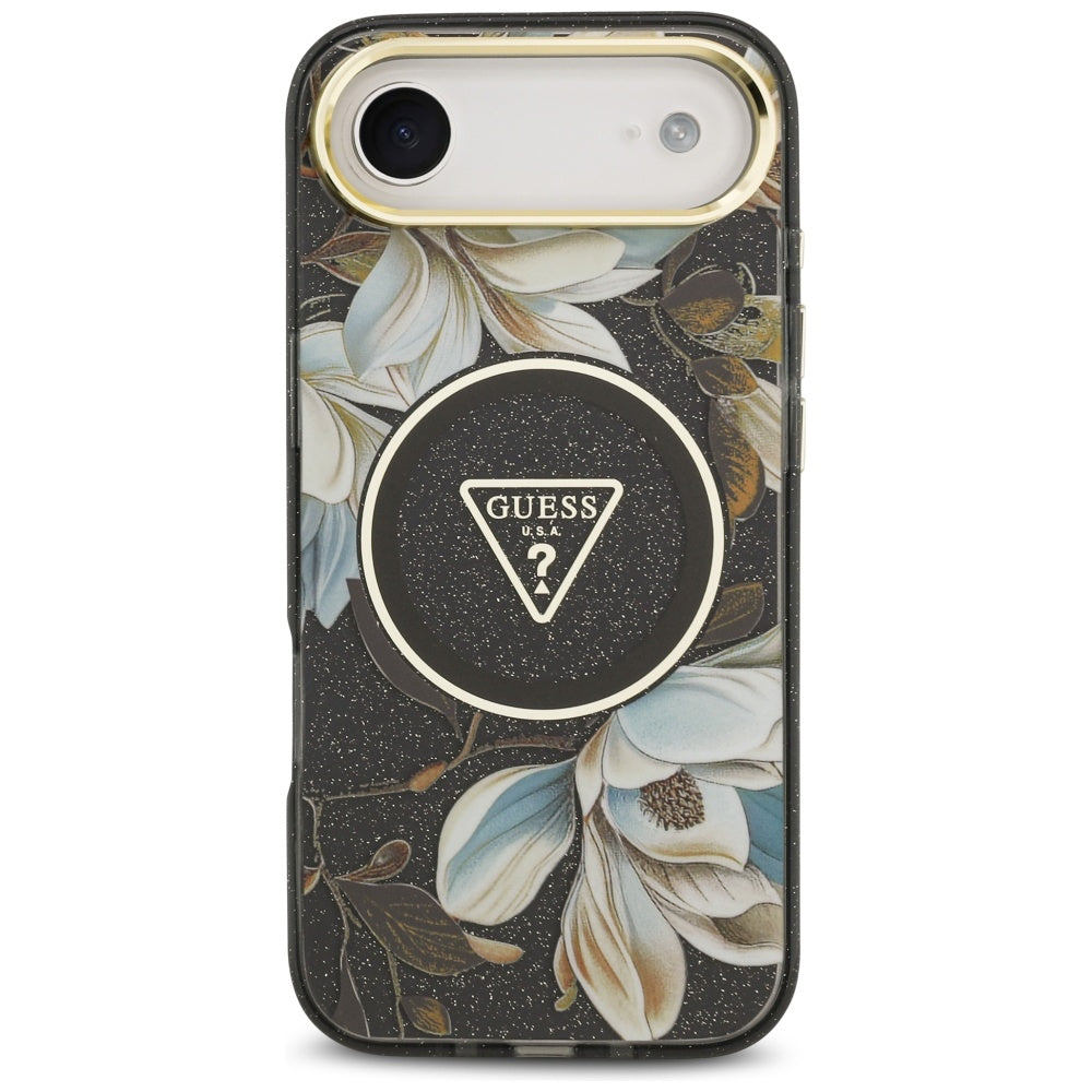 MagSafe Case for Apple iPhone 17 Air, Guess, IML Metal Glitter Flowers Triangle, Black