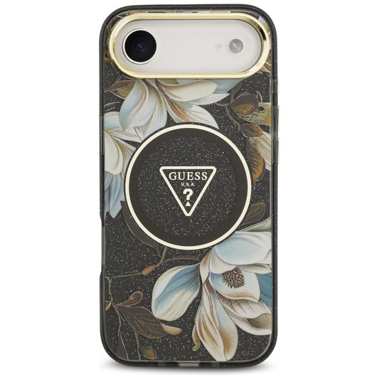 MagSafe Case for Apple iPhone 17 Air, Guess, IML Metal Glitter Flowers Triangle, Black