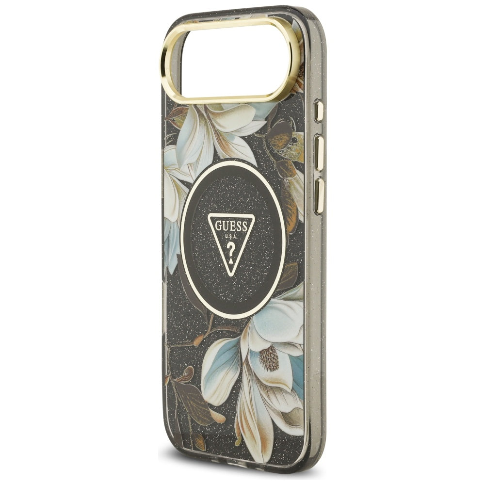 MagSafe Case for Apple iPhone 17 Air, Guess, IML Metal Glitter Flowers Triangle, Black