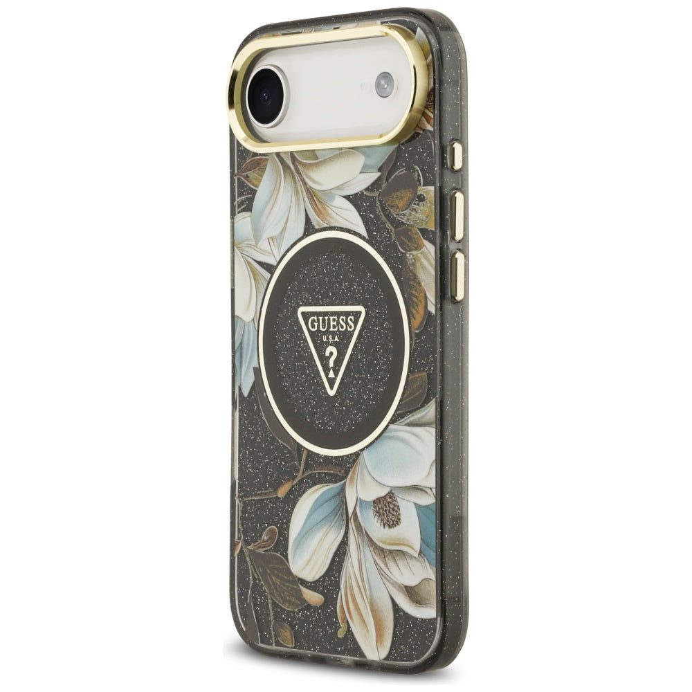 MagSafe Case for Apple iPhone 17 Air, Guess, IML Metal Glitter Flowers Triangle, Black