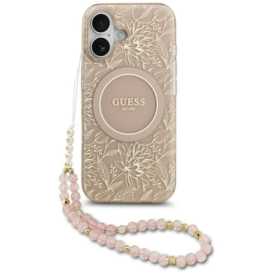 MagSafe Case for Apple iPhone 17, Guess, IML Flowers Allover Electroplated with Pearl Strap, Black
