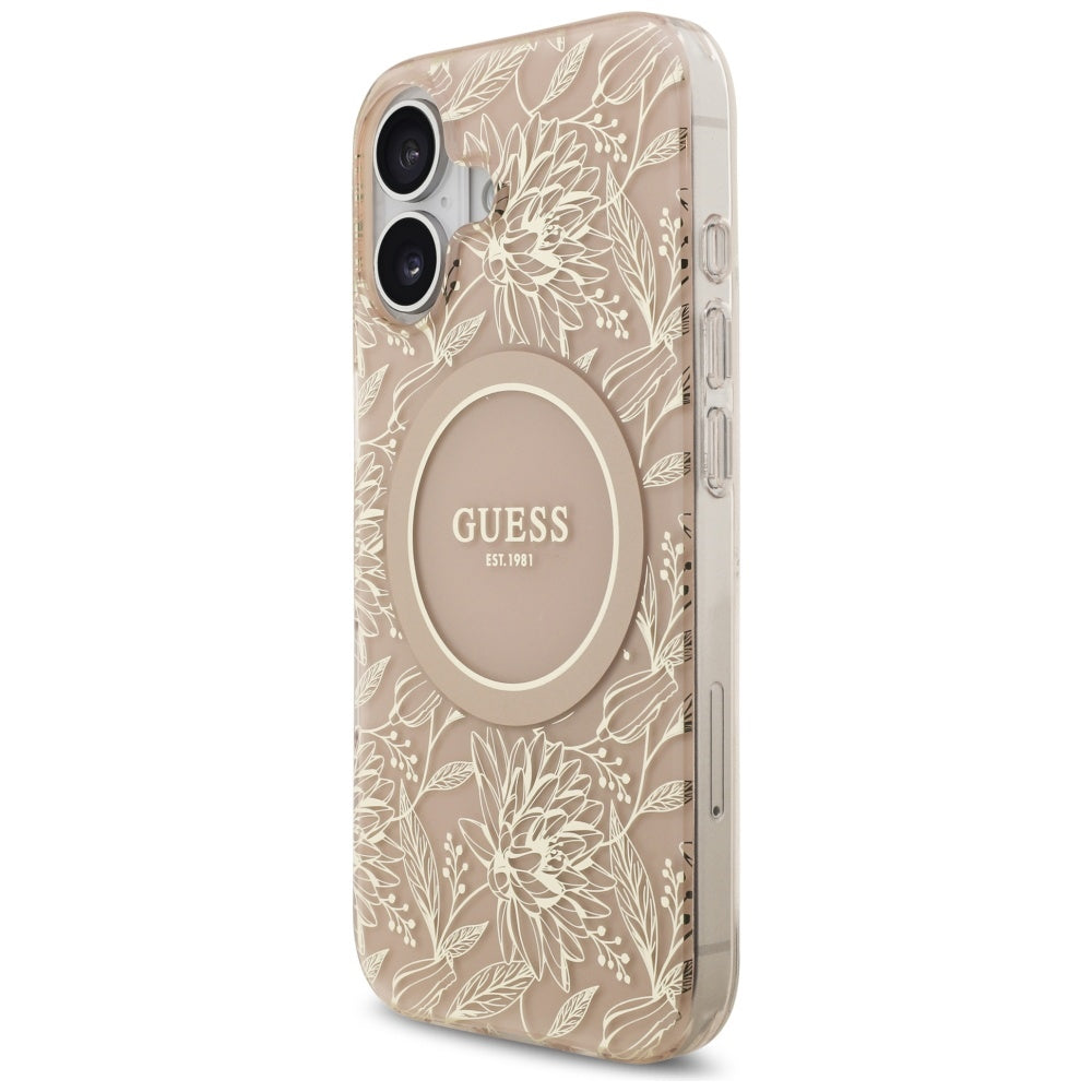 MagSafe Case for Apple iPhone 17, Guess, IML Flowers Allover Electroplated with Pearl Strap, Black