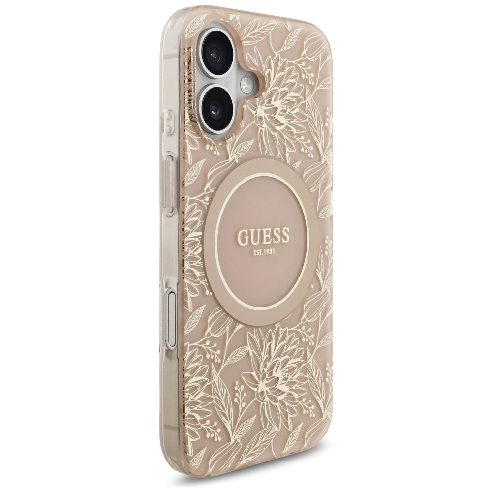 MagSafe Case for Apple iPhone 17, Guess, IML Flowers Allover Electroplated with Pearl Strap, Black