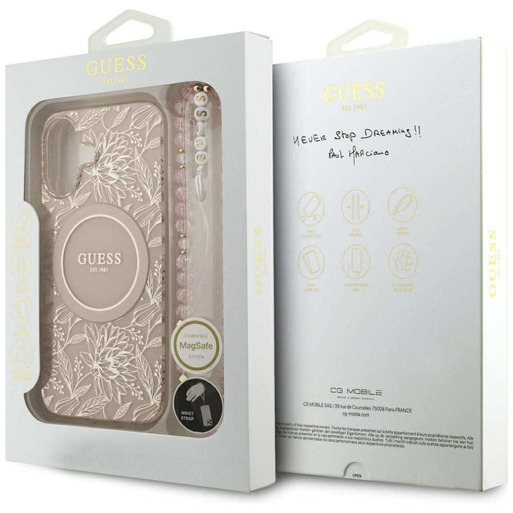 MagSafe Case for Apple iPhone 17, Guess, IML Flowers Allover Electroplated with Pearl Strap, Black