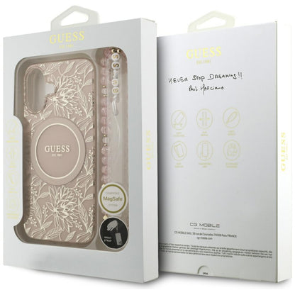 MagSafe Case for Apple iPhone 17, Guess, IML Flowers Allover Electroplated with Pearl Strap, Black