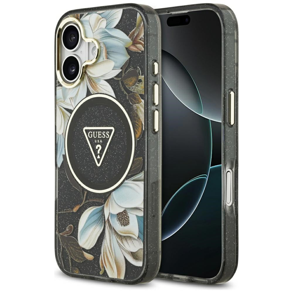 MagSafe Case for Apple iPhone 17, Guess, IML Metal Glitter Flowers Triangle, Black