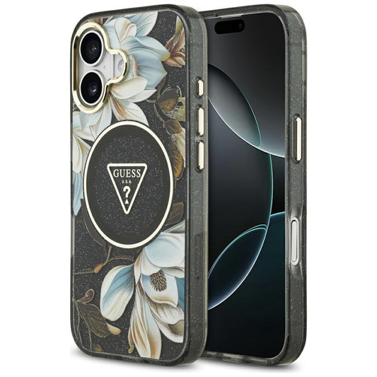 MagSafe Case for Apple iPhone 17, Guess, IML Metal Glitter Flowers Triangle, Black